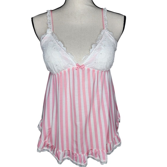 Vintage Victoria's Secret Pink Stripe Lace Cup Babydoll With Panties Set Medium - Picture 1 of 15